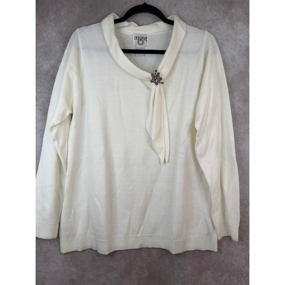 NWOT Cervelle Womens Cream Knit‎ Sweater Tie Collar w Brooch Long Sleeve Size L